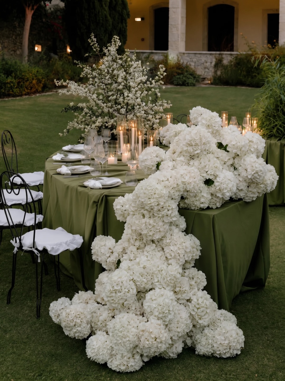 Cascade d’hortensias sur table olive — Composition florale